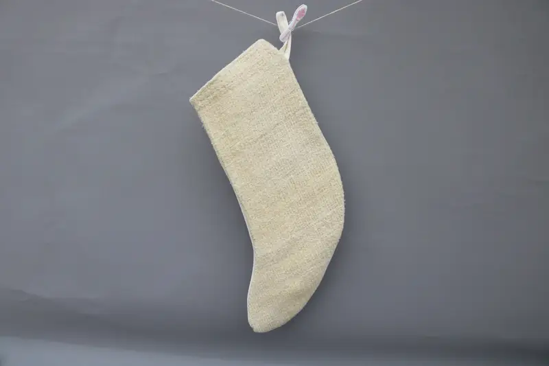Elegant Beige Christmas Stocking with White Ornaments, Festive Holiday Decor