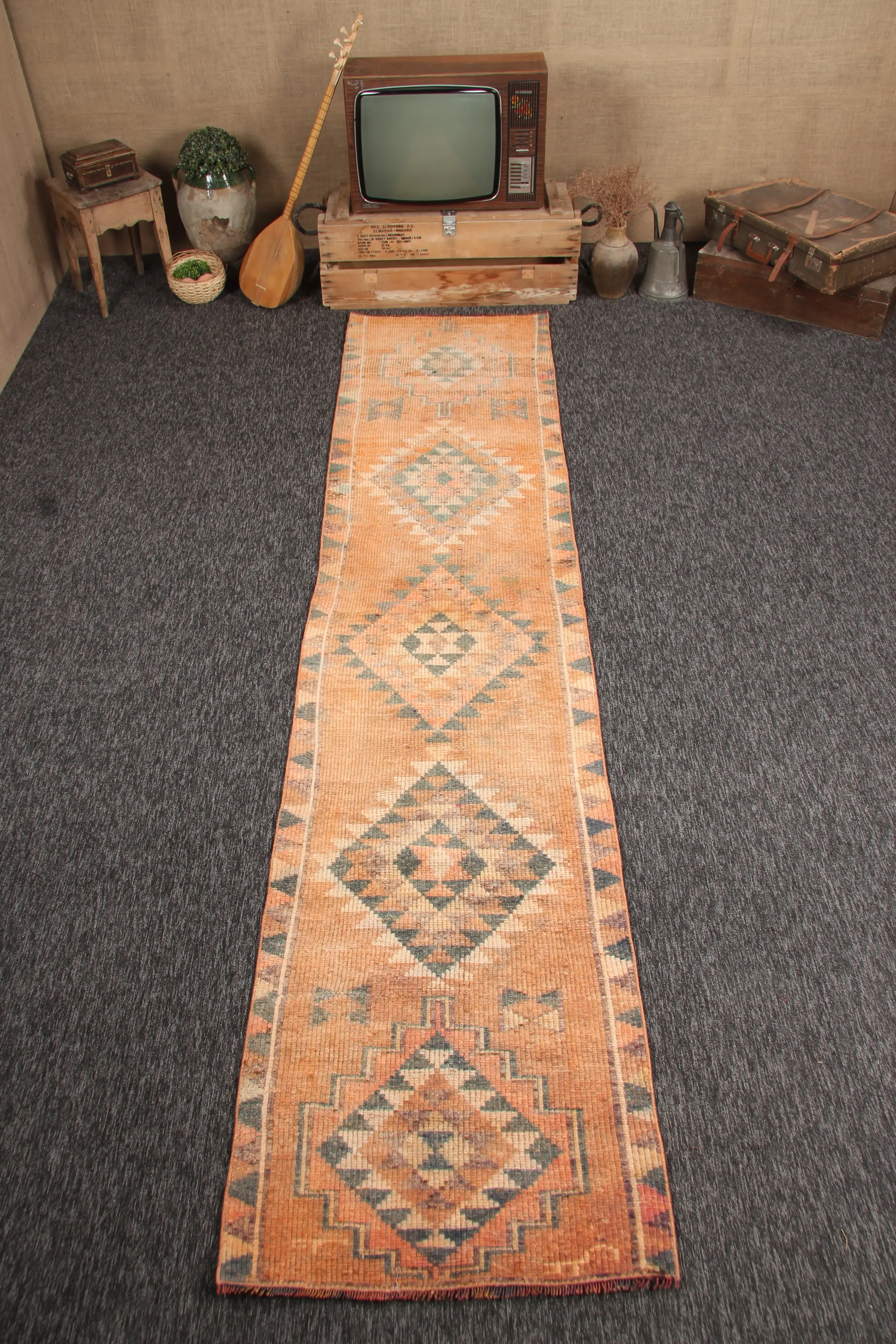 2.5x11.2 ft Turkish Rug, Small Vintage Rug, Orange Geometric Rug - 1