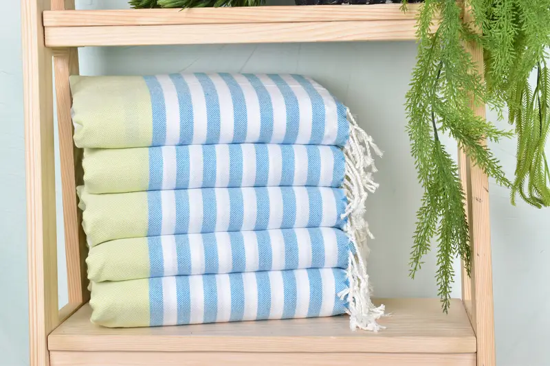 Beach Towel Blue-Pistachio Green Striped Cotton, 40x71 Inches
