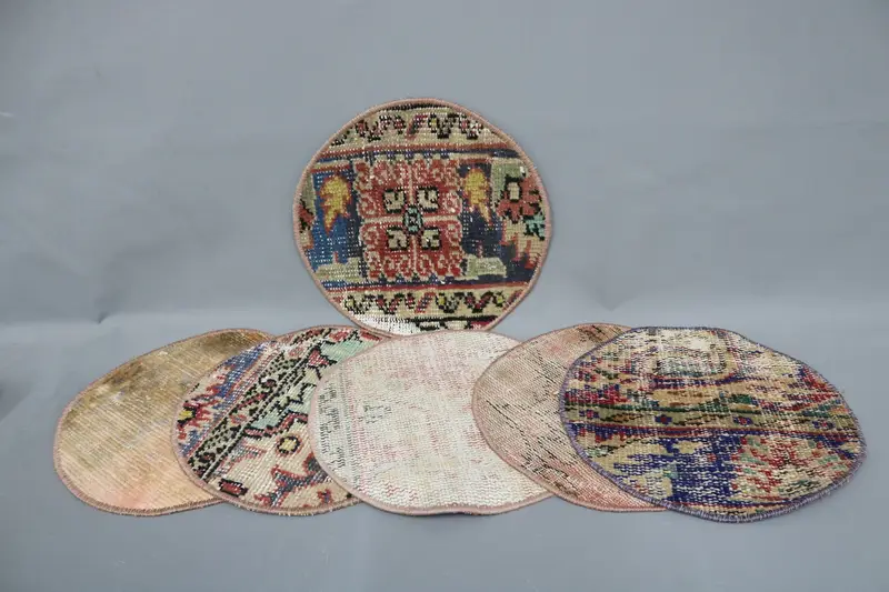 Mantel individual bohemio con círculo azul y rosa, decoración boho de algodón y lana