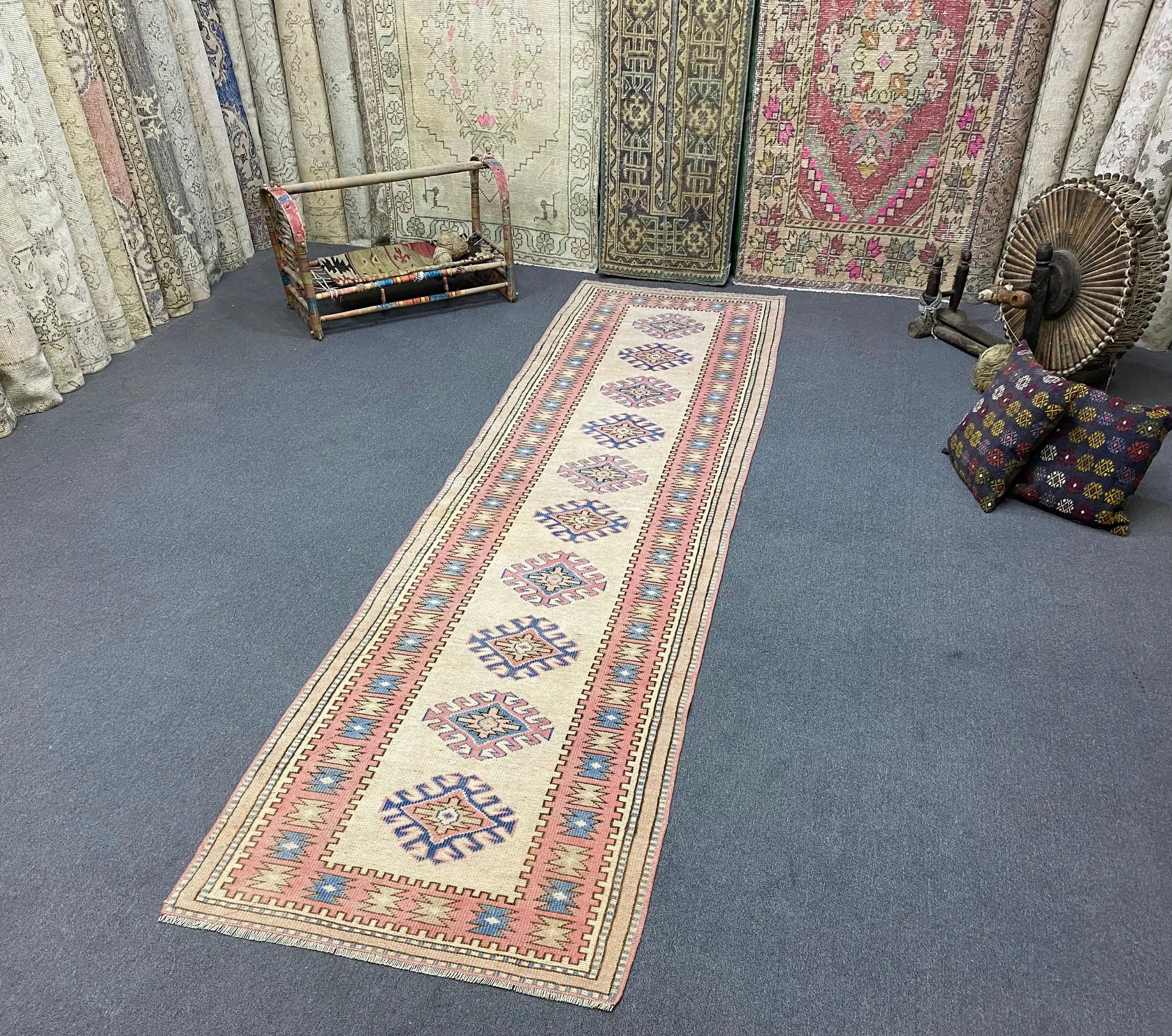 Vintage Rug, Runner 2.9x11.1 ft Rug, Red Floral Rug - 1