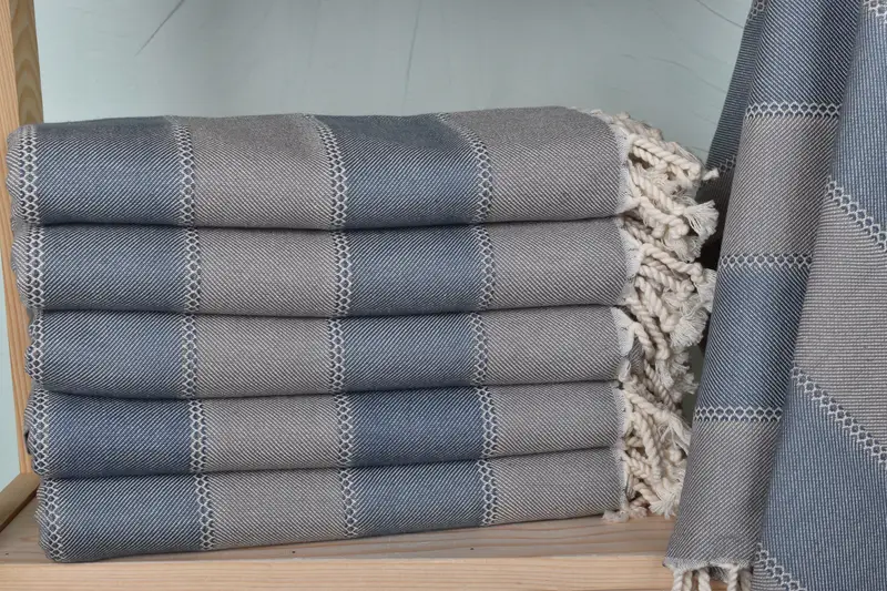 Brown-Petrol Striped Beach Towel, Organic Cotton/Linen, 36x65 Inches