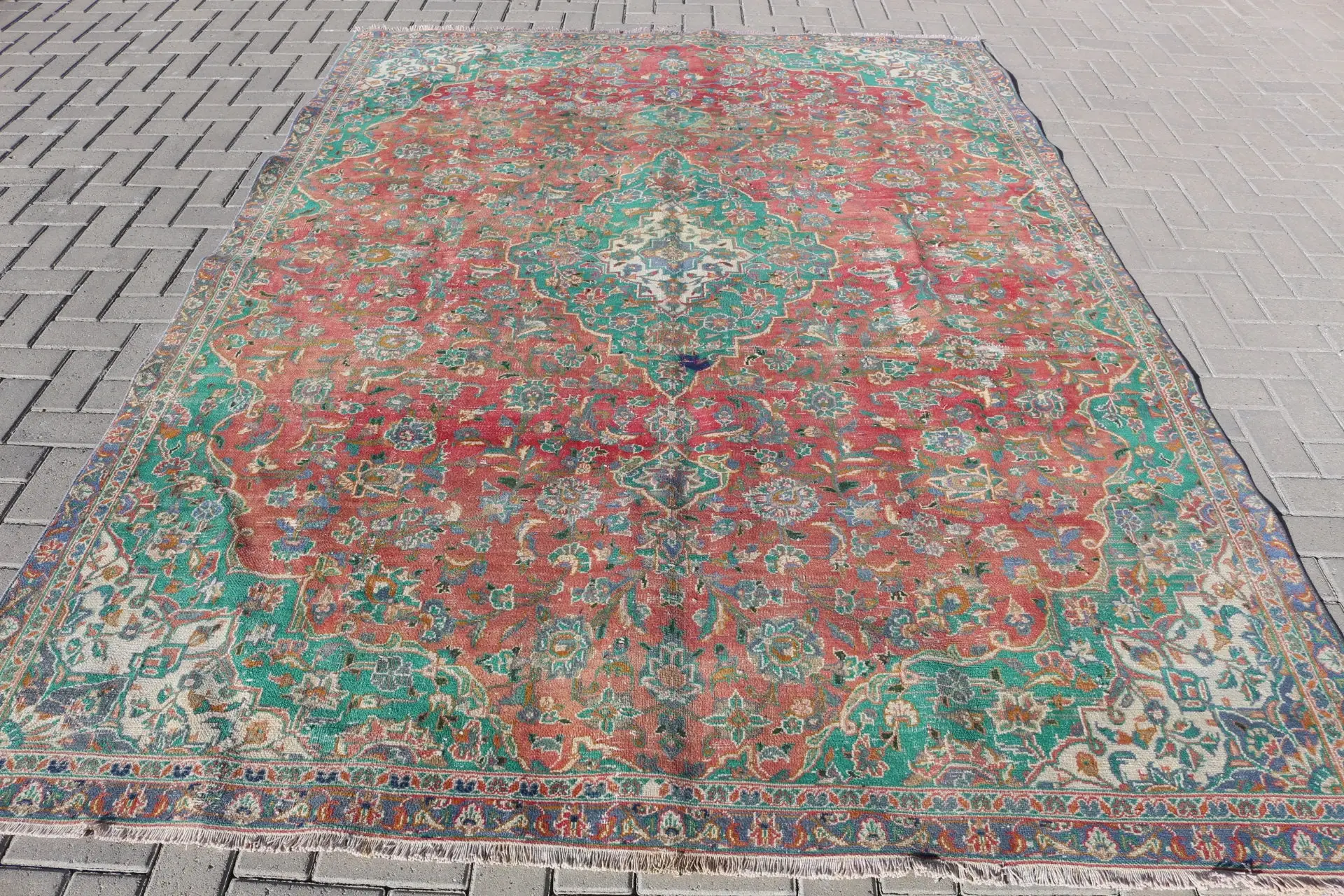 Türkischer Vintage-Teppich 210 x 289 cm, rot-grüner Orientteppich - 1