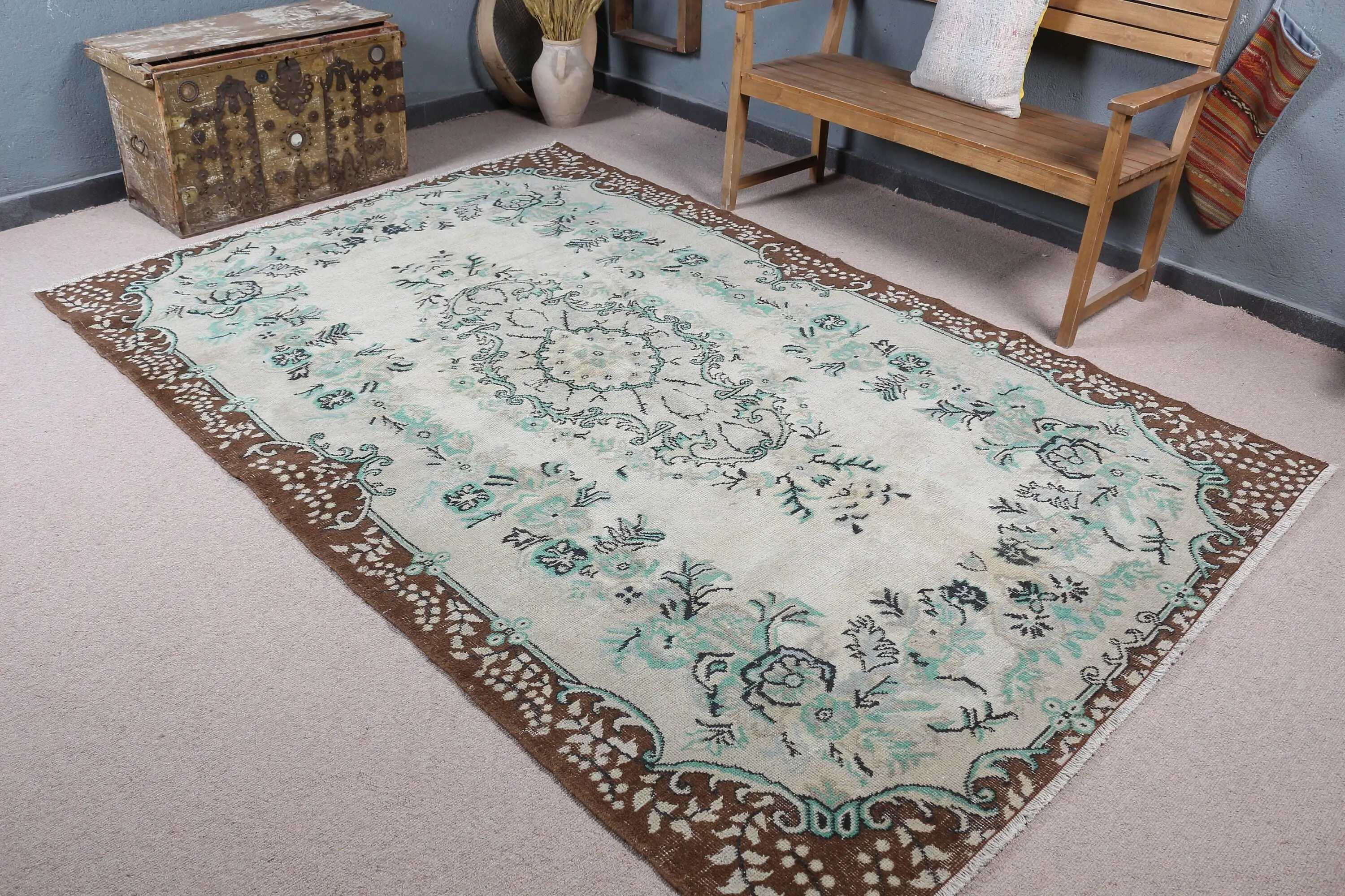 5.9x8.9 ft Halı, Türk Vintage Halısı, Mavi Kahverengi Halı - 1