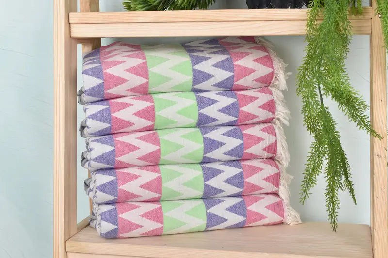 Turkish Bath Towel Zigzag Design Beige Cotton Linen, 40x71 Inches