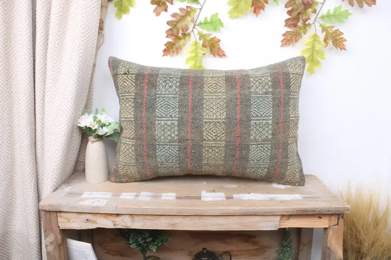 Vintage Kilim Pillow, Ethnical Kilim Rug Pillow, Pillow, Kilim Cushion Sham, 16x24 Gray Cushion Cover, Colorful Pillow - 1