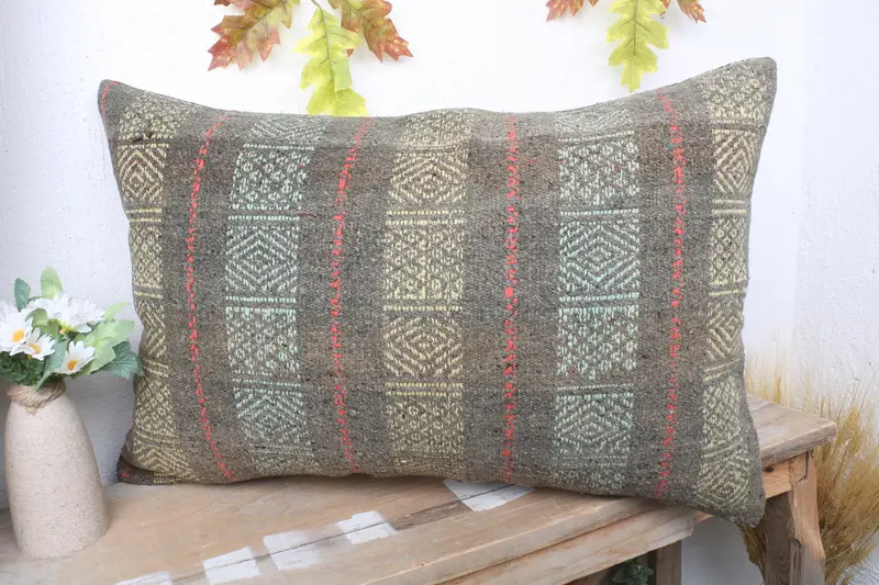 Vintage Kilim Pillow, Ethnical Kilim Rug Pillow, Pillow, Kilim Cushion Sham, 16x24 Gray Cushion Cover, Colorful Pillow - 4