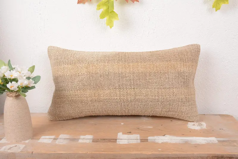 Beige Striped Throw Pillow, Handmade Embroidered Cushion with Vintage Charm