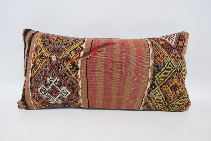 Ethnical Kilim Rug Pillow, Pillow Case, Handmade Pillow, Kilim Pillow, Shabby Chic Cushion Case, 12x24 Red Cushion Case, Vintage Kilim Throw Pillow - 1
