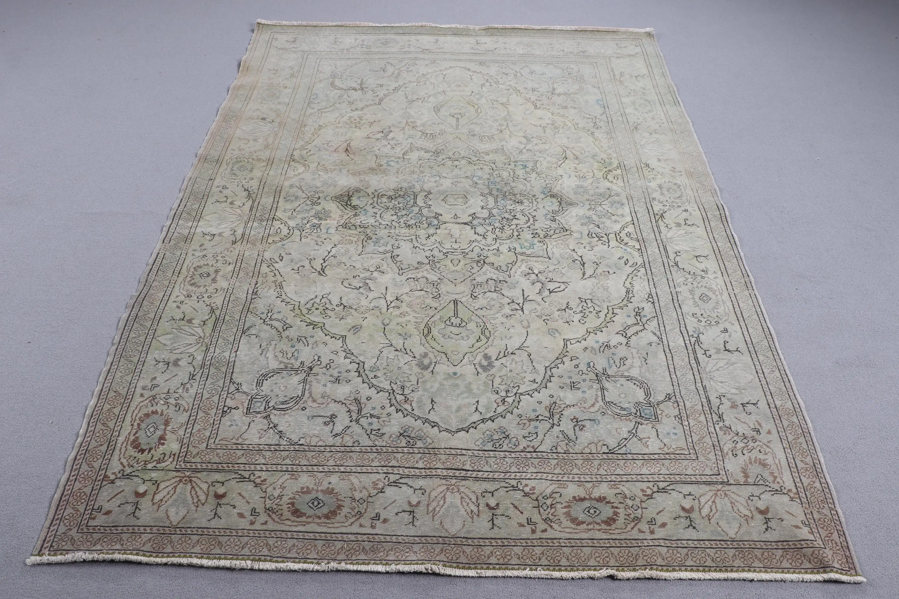 Turkish Rug 5x6.9 ft, Gray Brown Striped Wool Vintage Rug - 1