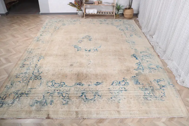 9.4x12.3 ft Vintage Oushak Rug, Turkish Rug, Blue Abstract Wool Rug - 1