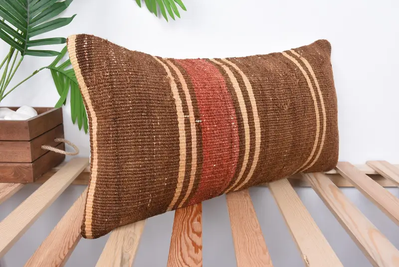 Turkish Kilim Pillow, Traditional Pillow Cover, Vintage Kilim Throw Pillow, Antique Pillows, 12x24 Brown Cushion Cover, Pillow Sham - 4
