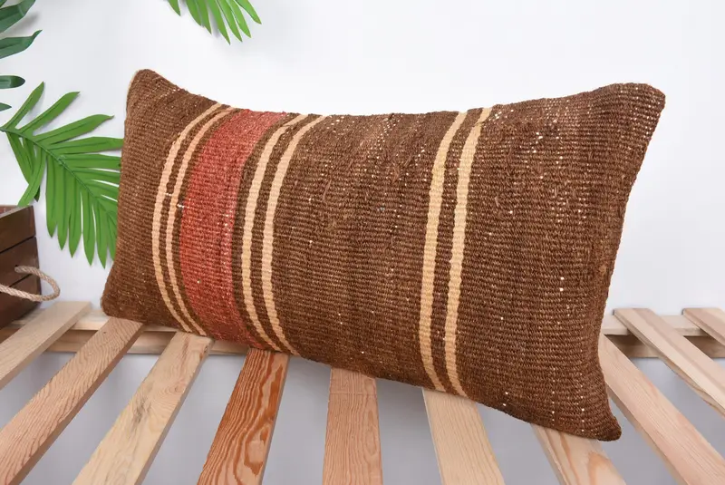 Turkish Kilim Pillow, Traditional Pillow Cover, Vintage Kilim Throw Pillow, Antique Pillows, 12x24 Brown Cushion Cover, Pillow Sham - 5