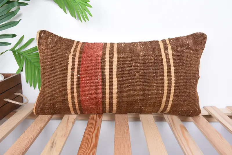 Turkish Kilim Pillow, Traditional Pillow Cover, Vintage Kilim Throw Pillow, Antique Pillows, 12x24 Brown Cushion Cover, Pillow Sham - 1