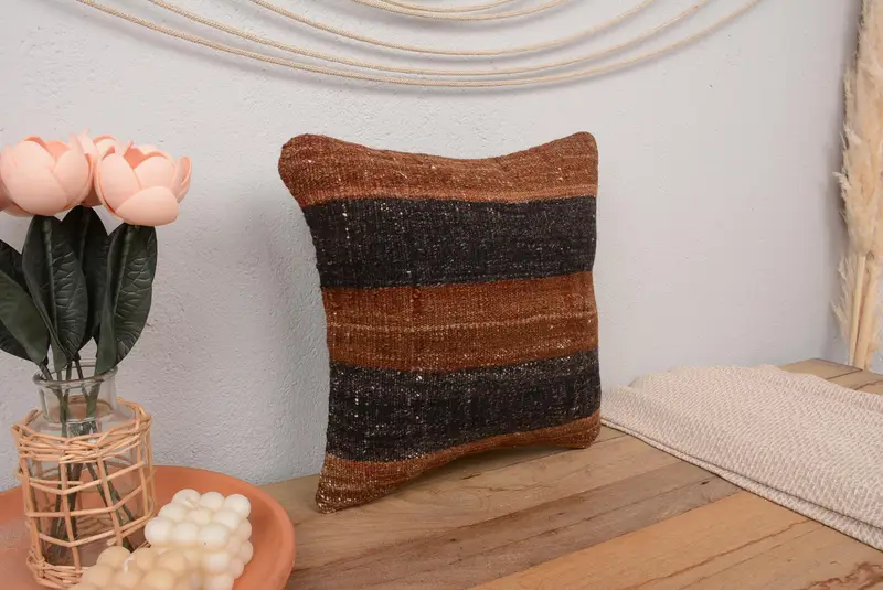 Turkish Pillow, Pattern Throw Pillow, Ethnical Kilim Rug Pillow, Natural Cushion Cover, Cushion Cover, Interior Designer Pillow, 14x14 Brown Pillow - 1