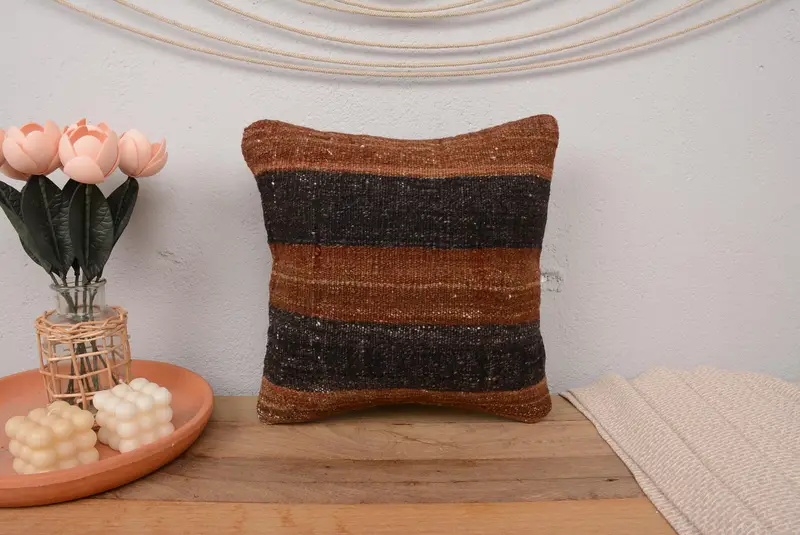 Turkish Pillow, Pattern Throw Pillow, Ethnical Kilim Rug Pillow, Natural Cushion Cover, Cushion Cover, Interior Designer Pillow, 14x14 Brown Pillow - 2