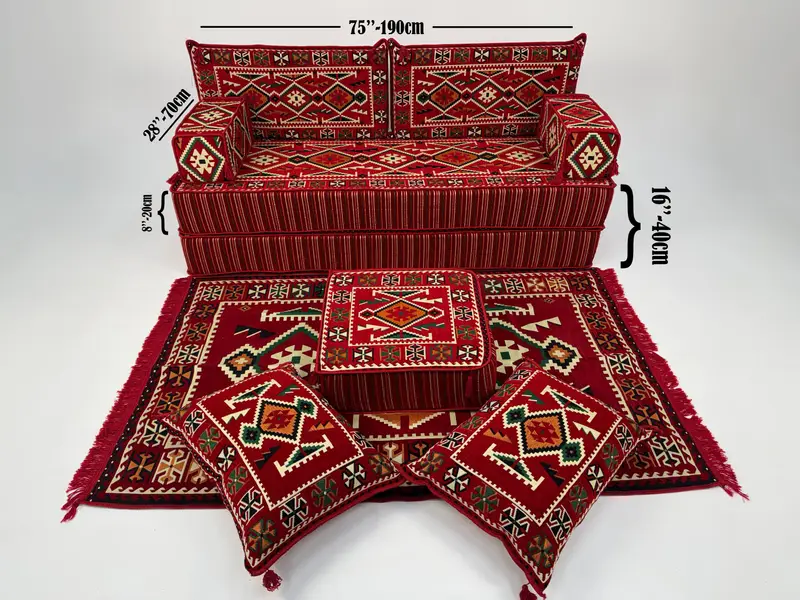 Dikdörtgen Kilimden Esinlenmiş Puf, Kırmızı & Bej Yün Osmanlı Puf