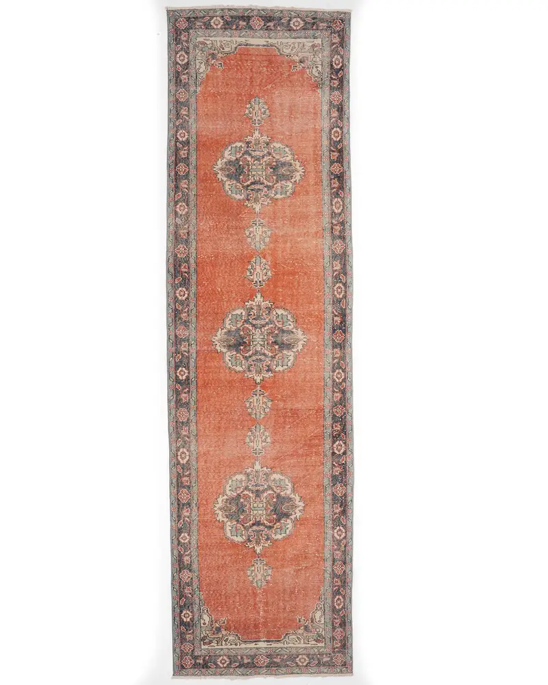 オレンジ & ブルー アニマル プリント ラグ、3.3x12.3 フィート