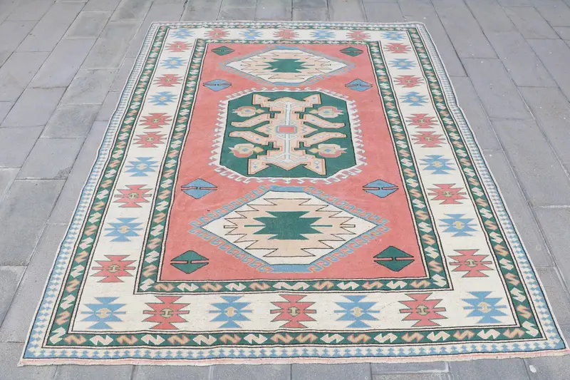 7.2x8.9 ft Turkish Rug, Vintage Large Rug, Red Abstract Wool Rug - 1