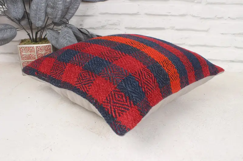 Floor Cushion Cover, Ethnical Kilim Rug Pillow, 16x16 Red Pillow, Rustic Pillow Sham, Vintage Pillow, Pillow Case, Pillow for Sofa - 6