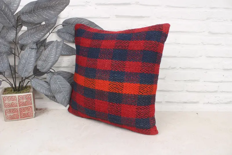 Floor Cushion Cover, Ethnical Kilim Rug Pillow, 16x16 Red Pillow, Rustic Pillow Sham, Vintage Pillow, Pillow Case, Pillow for Sofa - 4