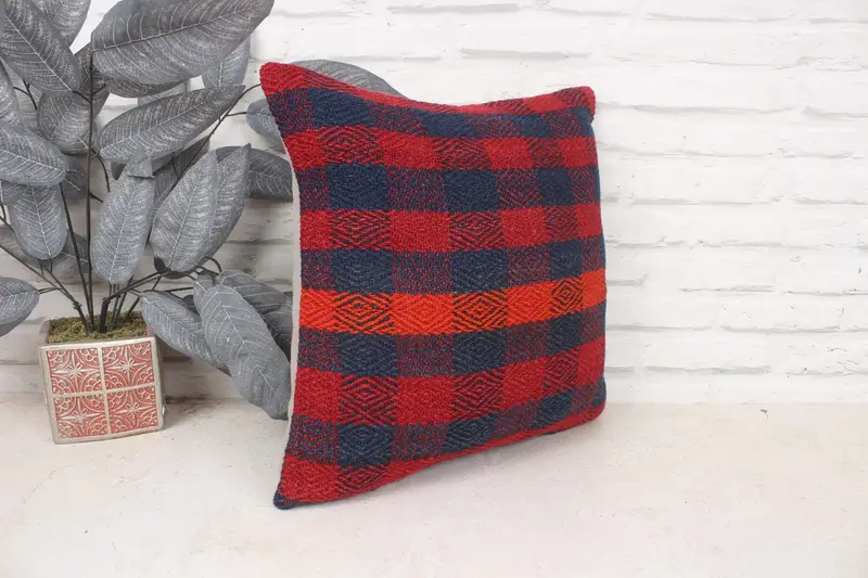 Floor Cushion Cover, Ethnical Kilim Rug Pillow, 16x16 Red Pillow, Rustic Pillow Sham, Vintage Pillow, Pillow Case, Pillow for Sofa - 3