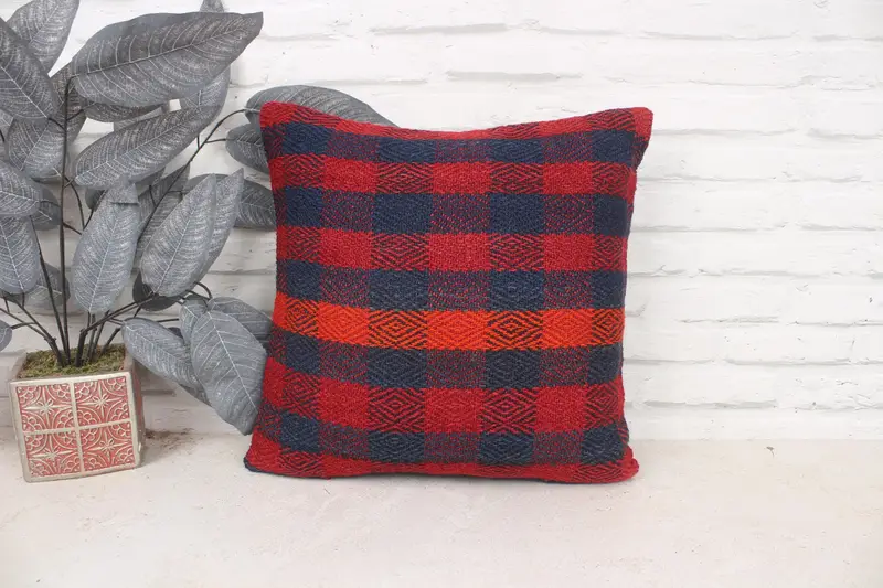 Floor Cushion Cover, Ethnical Kilim Rug Pillow, 16x16 Red Pillow, Rustic Pillow Sham, Vintage Pillow, Pillow Case, Pillow for Sofa - 1