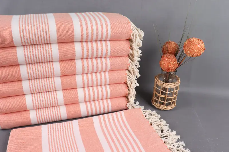 Beach Towel Orange Striped Turkish Cotton, 38x67 Inches