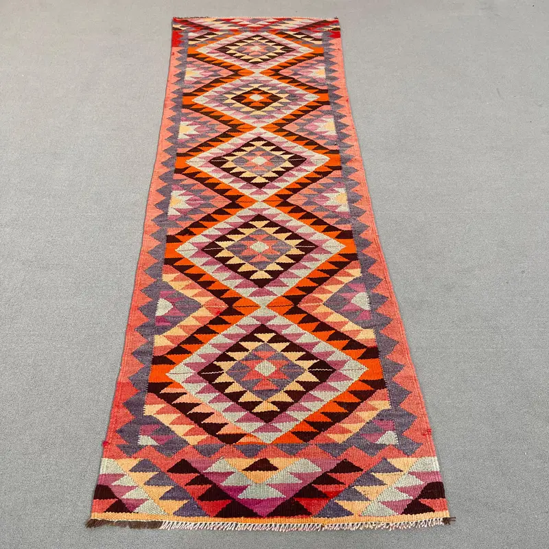 Orange 3,1x9,5 ft Rug, Southwestern Pattern with Purple Accents