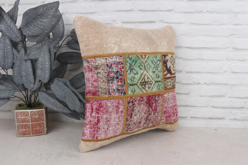 Sürdürülebilir Yastık Kılıfı, Etnik Kilim Halı Yastığı, Yastık Örtüsü, Kilim Yastığı Kapağı, Vintage Kilim Yastığı, 18x18 Pembe Yastık Kapağı - 3