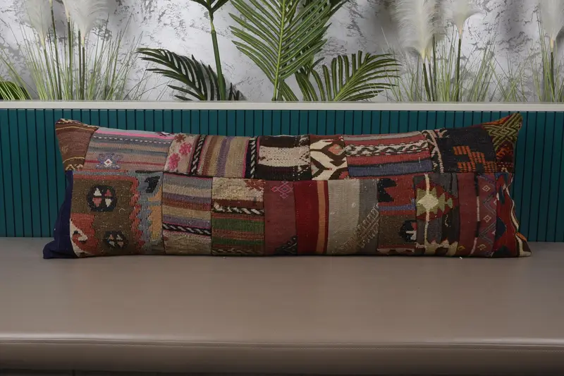 Rainbow Patchwork Throw Pillow, Vintage Embroidered Cushion