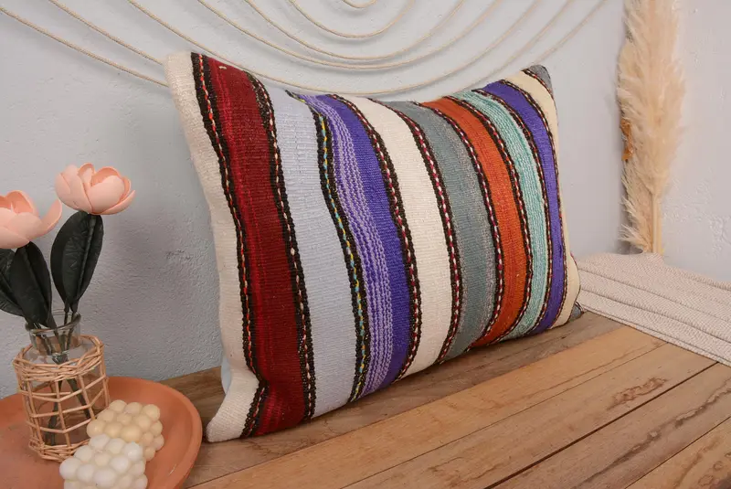 El Yapımı Çizgili Keten Kırlent, Vintage İşlemeli Mor Kırlent