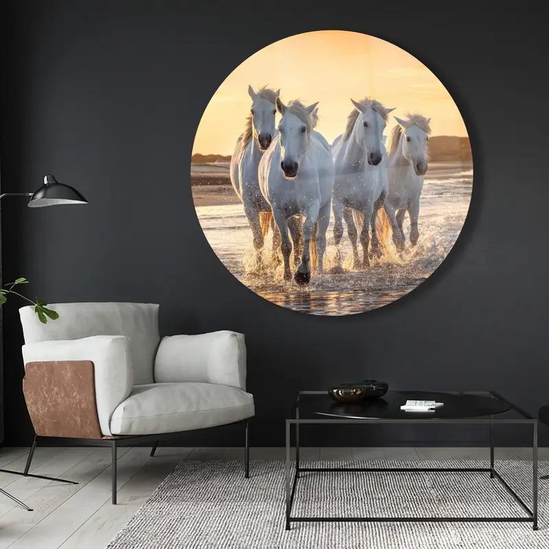 エレガントなプリントガラス：馬好きの夕日の海の眺め