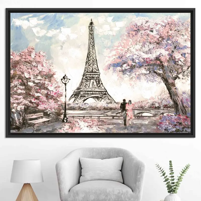 エッフェル塔キャンバス: パリ ロマンス、ピンクの葉、カップル ギフト