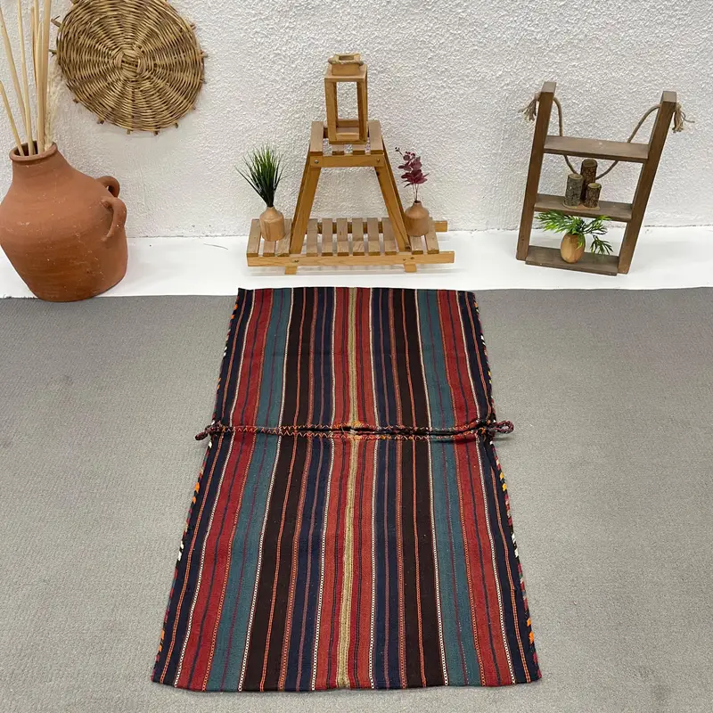 Vintage Teppich, 2,6x4,8 ft kleiner Teppich, rot-blauer Kelim-Wollteppich - 1