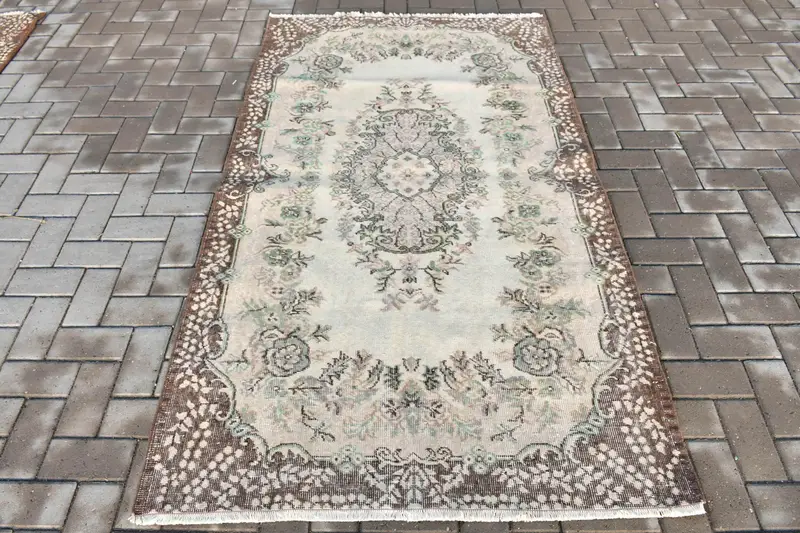 Türk 3.9x6.9 ft Halı, Oushak Vintage Halı, Kahverengi Ombré Halı Yün - 1