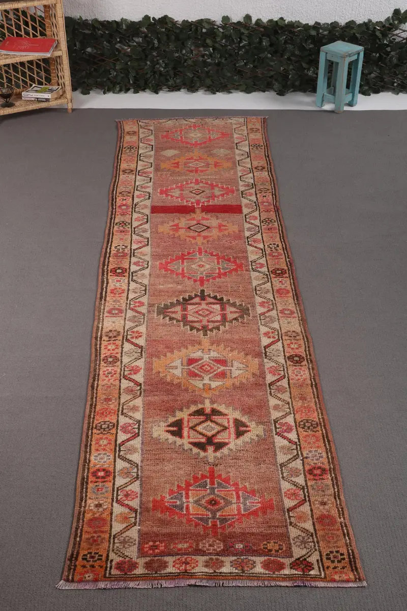 2.8x10.3 ft Herki Vintage Rug, Brown Paisley Turkish Rug Wool - 1