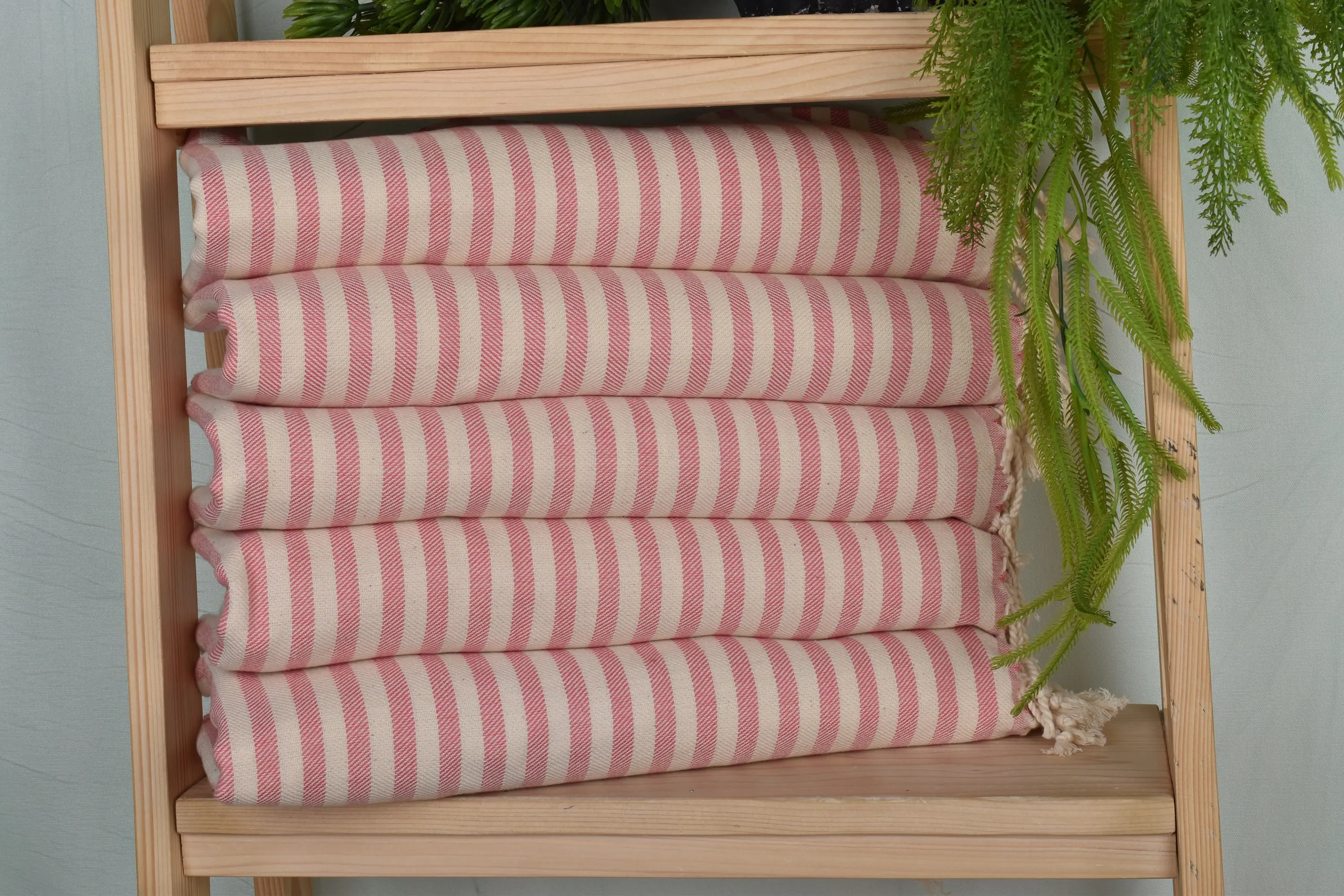 Dark Pink Cotton Striped Hand Towel, Organic Linen, 24x40 Inches - 1