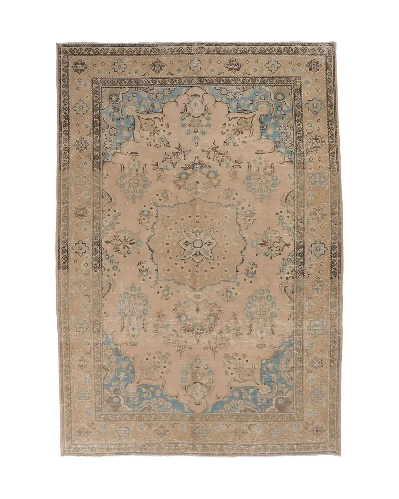 7x10 ft Bej & Mavi İkat Halı, Zarif Ev Dekoru