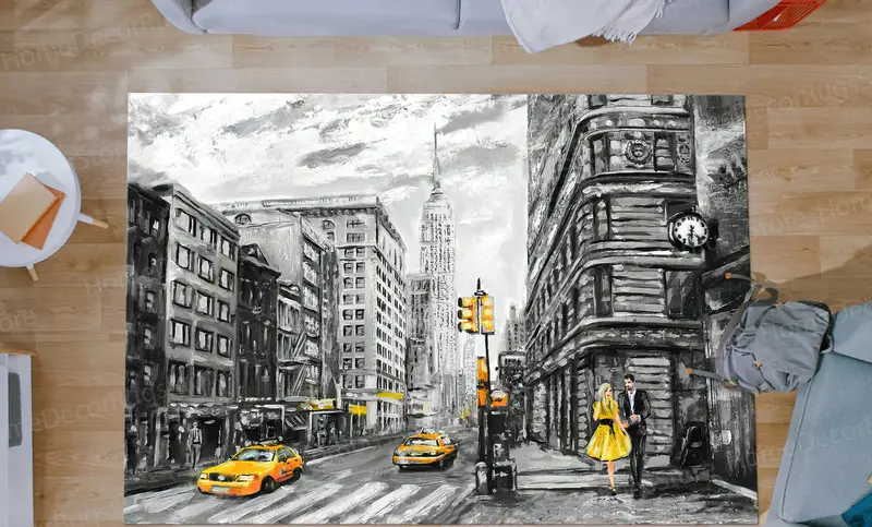 Yellow Taxi Couple Print Rug - New York City Scene