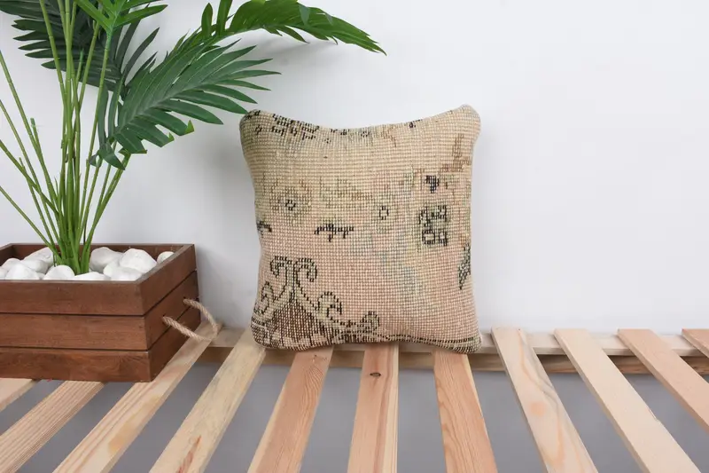 12x12 Beige Pillow Case, Vintage Kilim Pillow, Aesthetic Cushion, Pillow Cover, Custom Cushion, Pillow for Sofa, Kilim Cushion Sham - 1