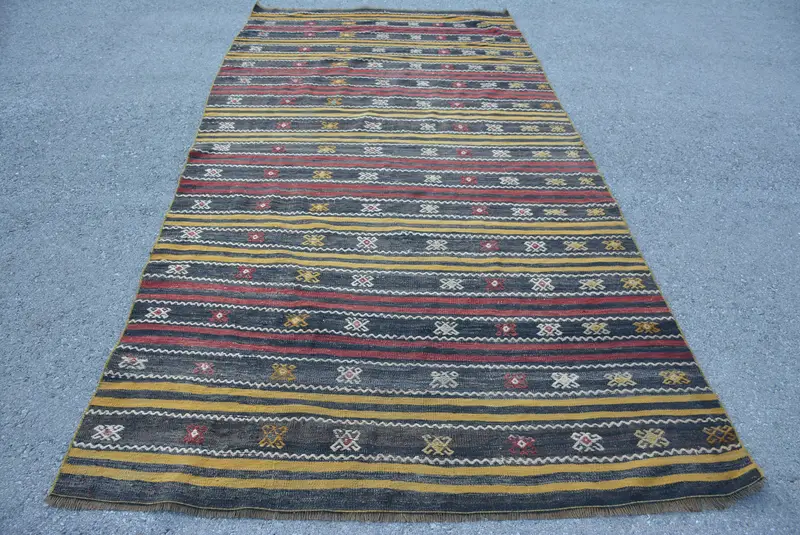 Großer Vintage-Teppich 5,1 x 10,1 Fuß (156 x 307 cm), blau gestreifter türkischer Kelim-Teppich - 1