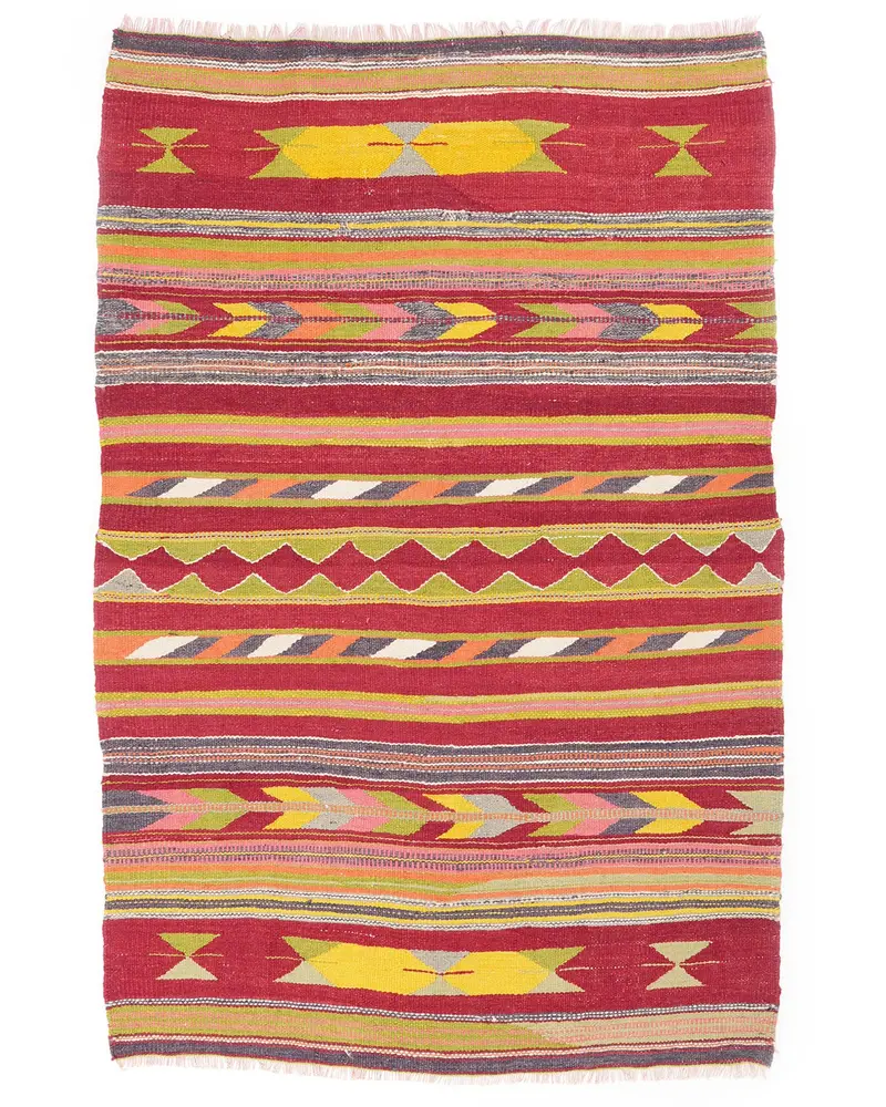 Kırmızı Halı, 4,3x6,3 ft - Canlı Sarı Vurgular