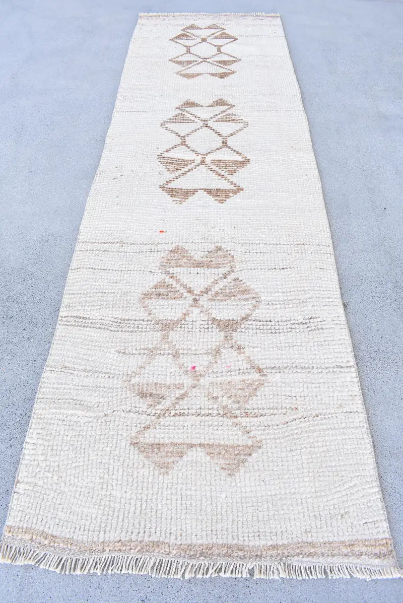 Türk Yolluk Halısı 2.8x9.6 ft, Bej Vintage Yün Halı - 1