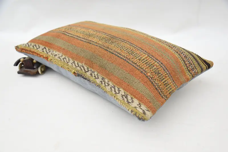 Vintage Kilim Pillow, Turkish Corner Cushion, Kilim Pillow, 12x20 Orange Pillow Case, Throw Kilim Pillow, Bench Pillow, Pillow Sham - 6