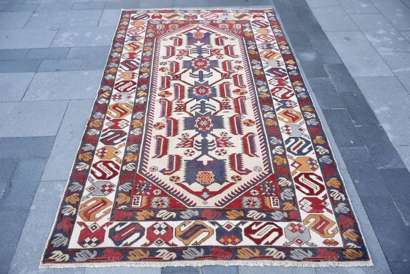 Vintage Turkish Oushak Rug 4.3x7.1 ft, Red Area Floral Wool Rug - 1
