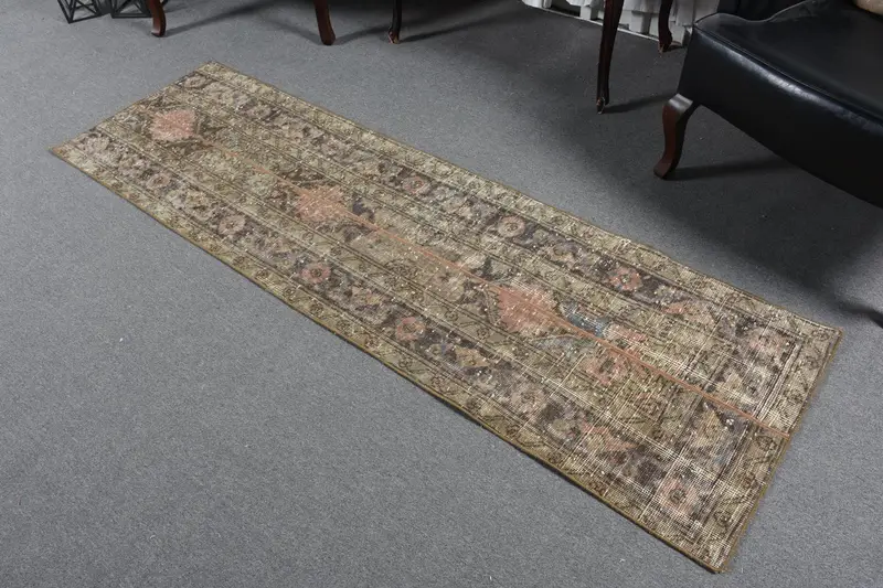 Vintage Rug, 2.1x7.1 ft Runner Turkish Rug, Brown Blue Oriental Rug