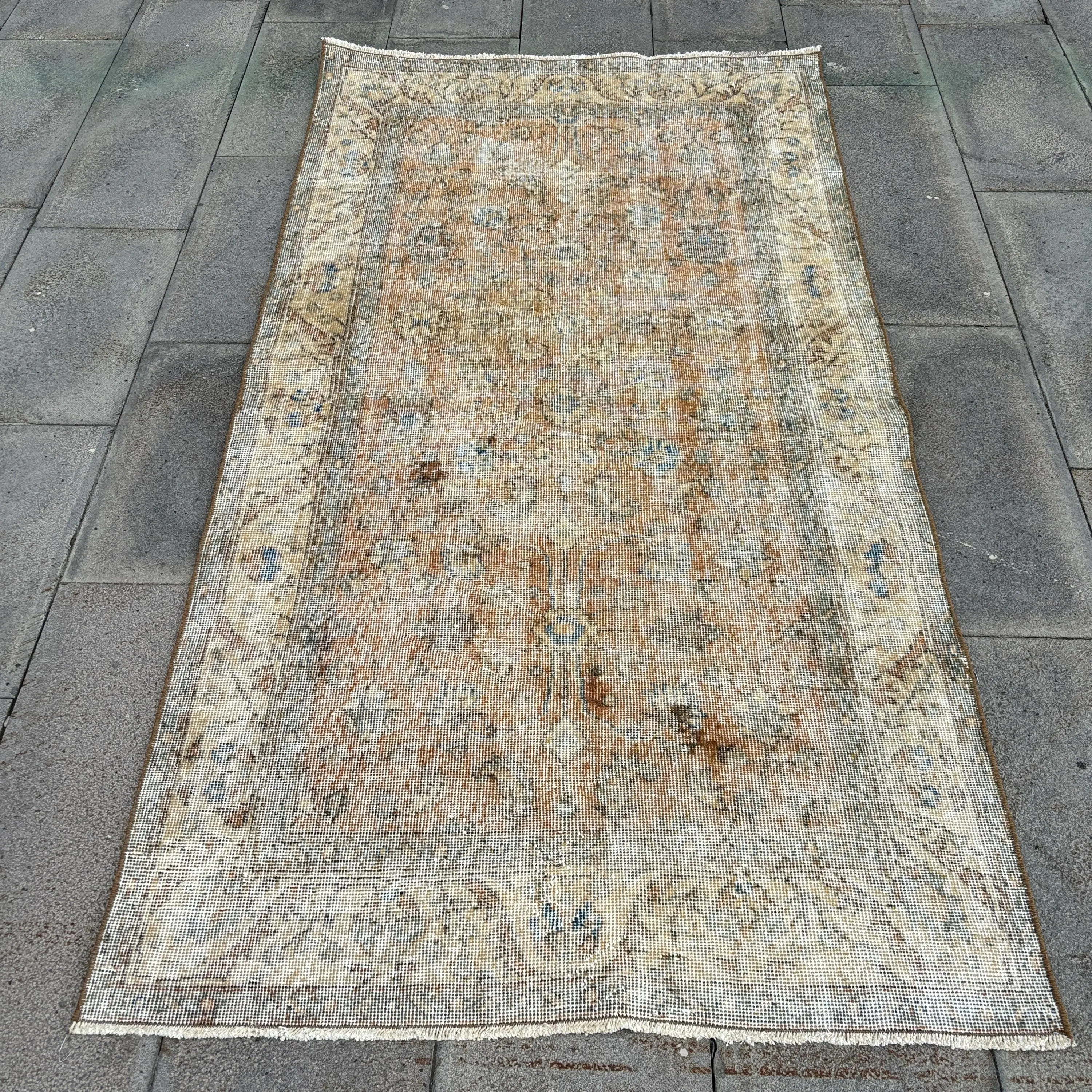 Rug, 3.6x6.7 ft Turkish Rug, Brown Striped Rug Wool - 1