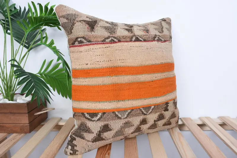 Turkish Pillow, Decorative Bolster Pillow Case, Antique Pillows, 20x20 Beige Pillow Sham, Pillow for Sofa, Cushion Cover - 4