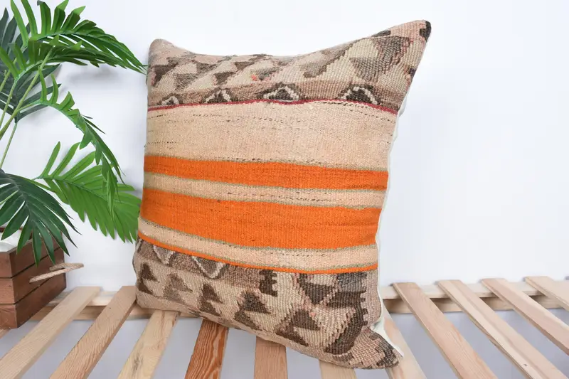Turkish Pillow, Decorative Bolster Pillow Case, Antique Pillows, 20x20 Beige Pillow Sham, Pillow for Sofa, Cushion Cover - 5